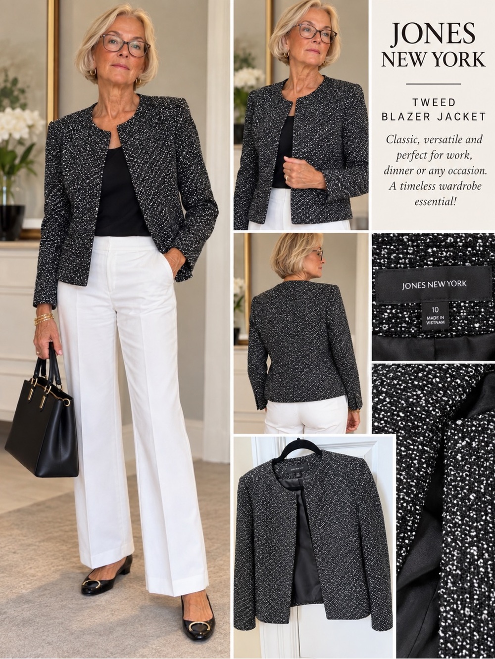 Jones New York Black and White Tweed Collarless Blazer